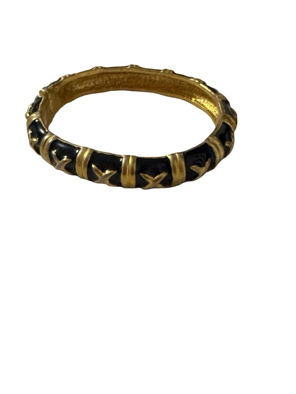 Vintage 1980s Black Enamel Gold Tone X Kiss Hinged Bangle Bracelet